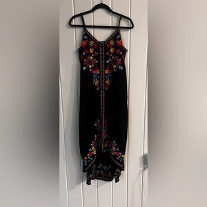 Sundance M Black Midi Dress with Colorful Floral Embroidery